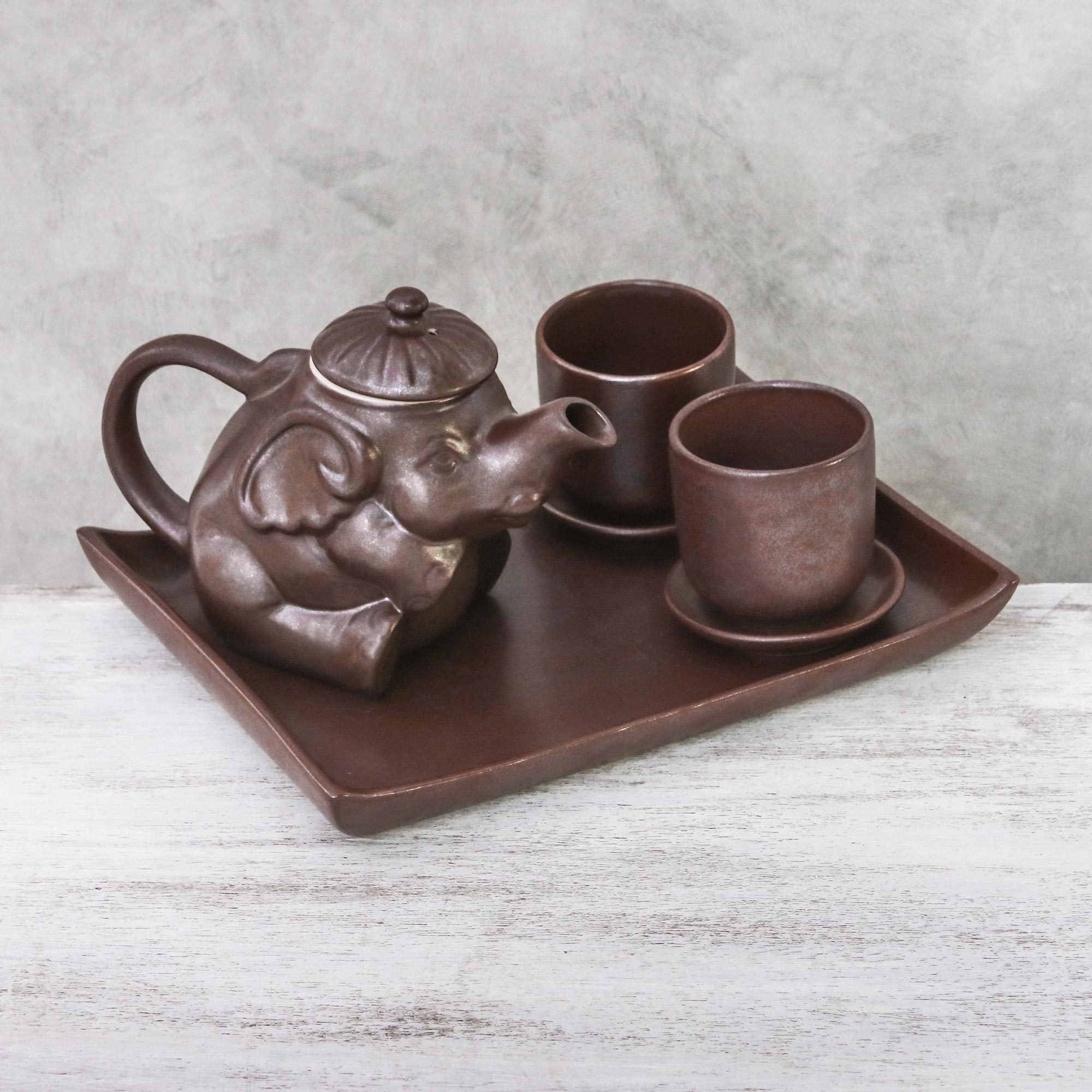 Artisan Crafted Brown Ceramic Elephant Tea Set with Tray Earthen