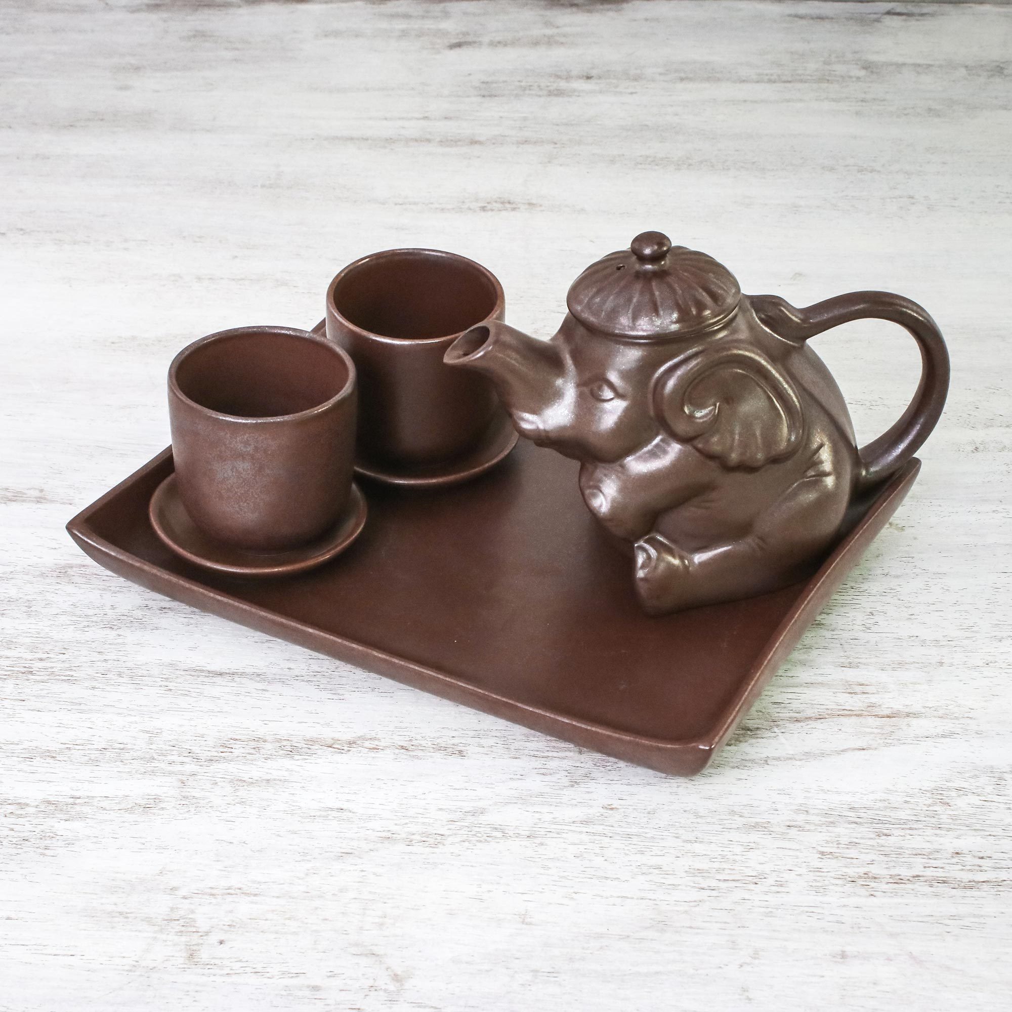 Artisan Crafted Brown Ceramic Elephant Tea Set with Tray Earthen