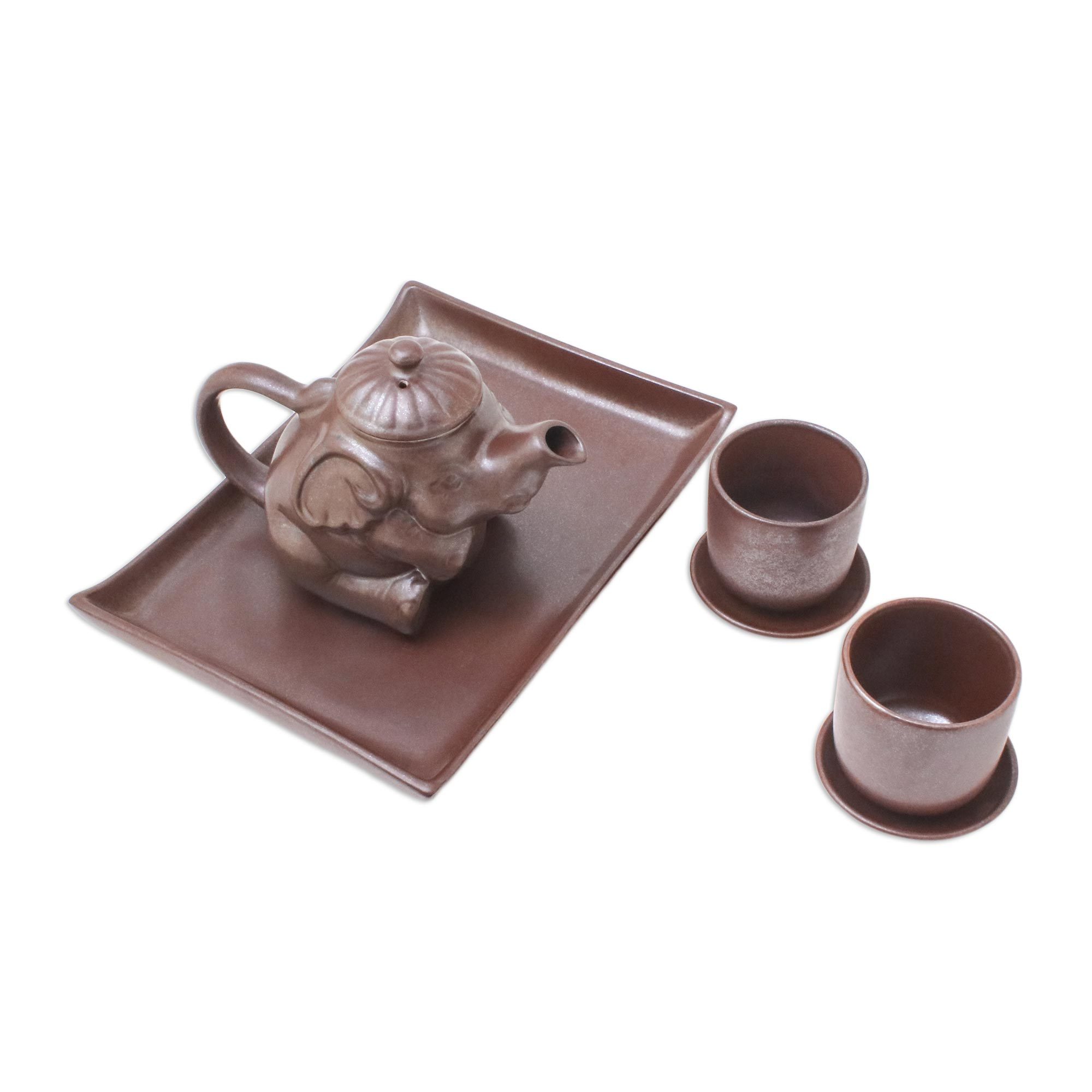 Artisan Crafted Brown Ceramic Elephant Tea Set with Tray Earthen