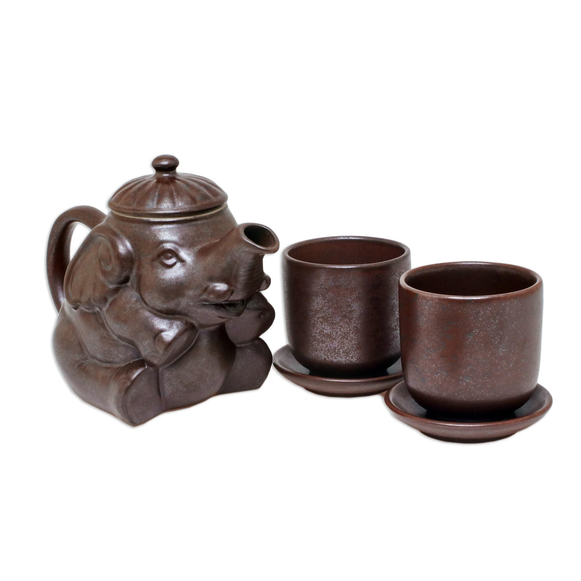 Artisan Crafted Brown Ceramic Elephant Tea Set with Tray Earthen