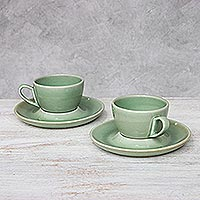 Ceramic cups and saucers, 'Green Harmony' (set for 2) - Green Ceramic Crackle Cup and Saucer Set for Coffee and Tea