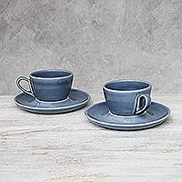 Ceramic cups and saucers, 'Blue Harmony' (set for 2) - Blue Ceramic Crackle Cup and Saucer Set for Coffee and Tea