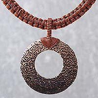 Wood and leather pendant necklace, 'Earth Ring in Burnt Sienna'