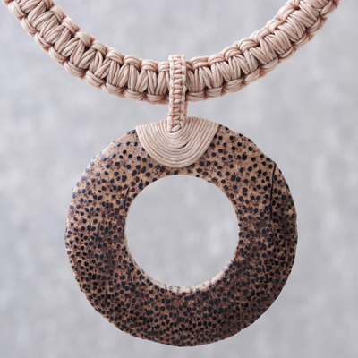 Wood and leather pendant necklace, Earth Ring in Ecru