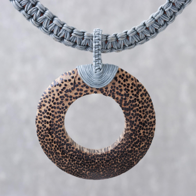 Wood and leather pendant necklace, 'Earth Ring in Grey' - Handcrafted Coconut Wood and Leather Cord Pendant Necklace