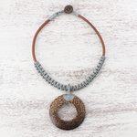 Wood and leather pendant necklace, 'Earth Ring in Grey' - Handcrafted Coconut Wood and Leather Cord Pendant Necklace
