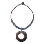 Wood and leather pendant necklace, 'Earth Ring in Grey' - Handcrafted Coconut Wood and Leather Cord Pendant Necklace
