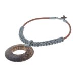 Wood and leather pendant necklace, 'Earth Ring in Grey' - Handcrafted Coconut Wood and Leather Cord Pendant Necklace