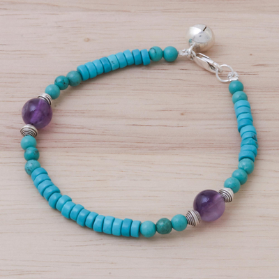 Amethyst and calcite beaded bracelet, 'Shades of Aqua' - Calcite Amethyst Sterling Silver Beaded Bracelet with Bell