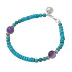 Amethyst and calcite beaded bracelet, 'Shades of Aqua' - Calcite Amethyst Sterling Silver Beaded Bracelet with Bell