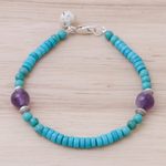 Amethyst and calcite beaded bracelet, 'Shades of Aqua' - Calcite Amethyst Sterling Silver Beaded Bracelet with Bell