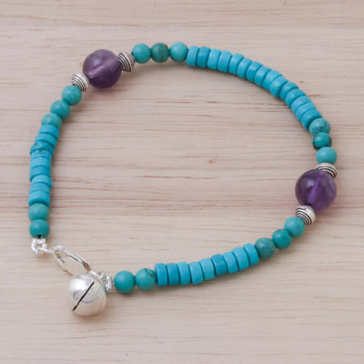 Amethyst and calcite beaded bracelet, 'Shades of Aqua' - Calcite Amethyst Sterling Silver Beaded Bracelet with Bell