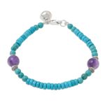 Amethyst and calcite beaded bracelet, 'Shades of Aqua' - Calcite Amethyst Sterling Silver Beaded Bracelet with Bell