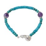Amethyst and calcite beaded bracelet, 'Shades of Aqua' - Calcite Amethyst Sterling Silver Beaded Bracelet with Bell
