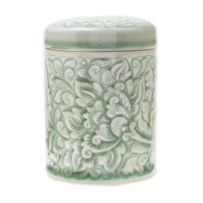 Celadon ceramic jar, 'Flora Dream' - Handmade Floral Celadon Ceramic Jar and Lid from Thailand