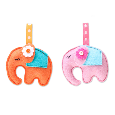 Felt ornaments, 'Napping Elephants' (pair) - Felt Elephant Ornaments in Orange and Pink (Pair)