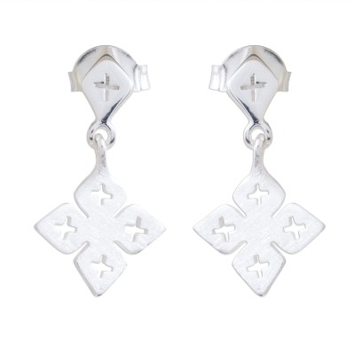 Brushed Satin Sterling Silver Flower Dangle Earrings
