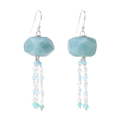 Amazonite and prehnite beaded waterfall earrings, 'Blue Grains of Sand' - Amazonite and Prehnite Dangle Earrings from Thailand