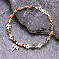 Unakit-Perlen-Charm-Armband, „Göttliche Libelle“ – Libellen-Charm-Armband aus 950er Silber und Unakit