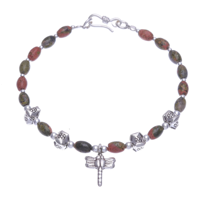 Unakite beaded charm bracelet, 'Divine Dragonfly' - Dragonfly Charm 950 Silver and Unakite Bracelet