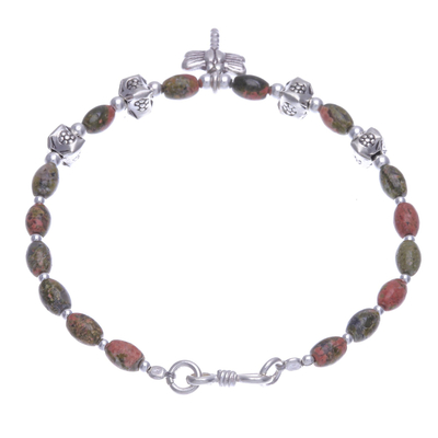 Charm-Armband aus Unakit-Perlen - Libellen-Charm-Armband aus 950er-Silber und Unakit