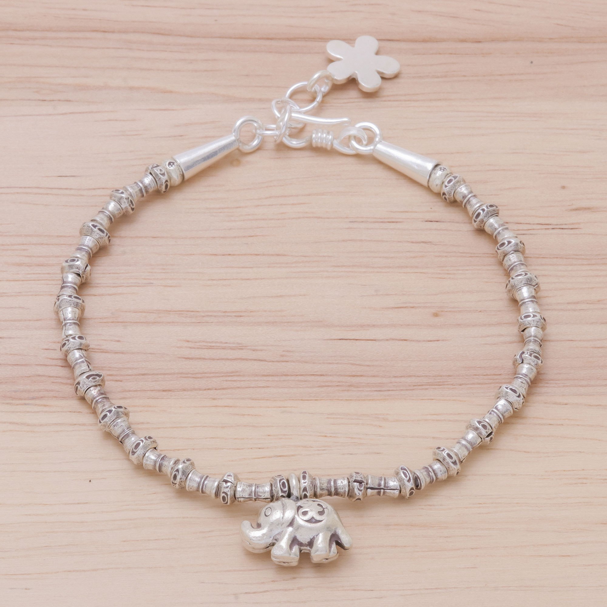 950 Silver Beaded Bracelet with Elephant Charm from Thailand Elephant