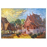 'Wat Ton Kwen Chiang Mai' - Buddhist Temple Landscape Painting in Oil on Canvas