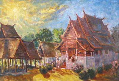 Buddhist Temple Landscape Painting in Oil on Canvas