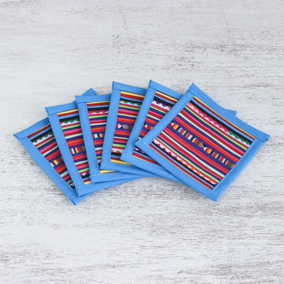 Cotton coasters, 'Lahu Blue' (set of 6) - Cotton Patchwork Coasters with Blue Trim (Set of 6)