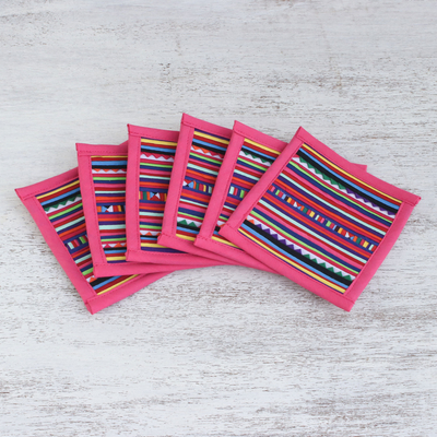 Cotton coasters, 'Sweet Lahu' (set of 6) - Cotton Patchwork Coasters with Pink Trim (Set of 6)