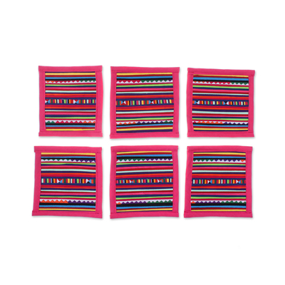 Cotton coasters, 'Sweet Lahu' (set of 6) - Cotton Patchwork Coasters with Pink Trim (Set of 6)
