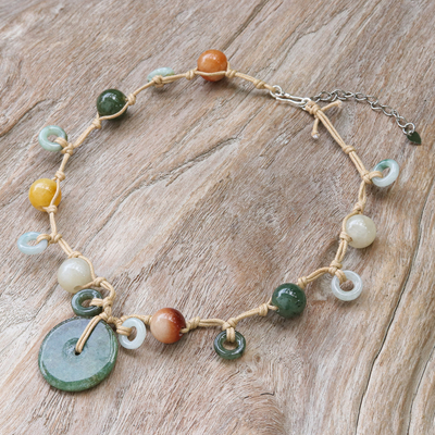Jade and quartz beaded pendant necklace, 'Green Sun' - Jade and Quartz Beaded Pendant Necklace from Thailand