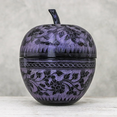 Mango wood decorative jar, 'Apple Delicacy in Purple' - Floral Engraved Mango Wood Apple Decorative Jar in Purple