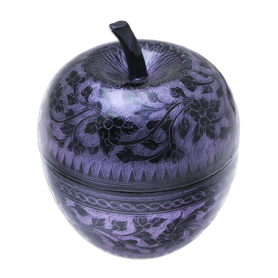 Mango wood decorative jar, 'Apple Delicacy in Purple' - Floral Engraved Mango Wood Apple Decorative Jar in Purple