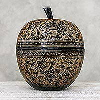 Mango wood decorative jar, 'Apple Delicacy in Orange' - Floral Engraved Mango Wood Apple Decorative Jar in Orange