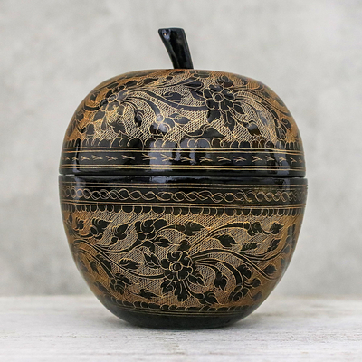 Dekorativer Krug aus Mangoholz, 'Apfel Delikatesse in Orange'. - Floral graviertes Apfel-Dekorglas aus Mangoholz in Orange