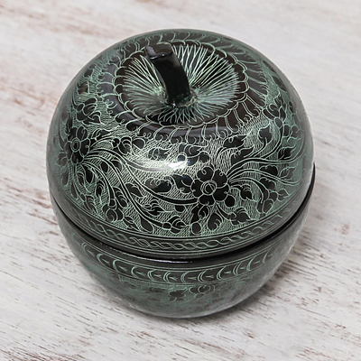 Mango wood decorative jar, 'Apple Delicacy in Green' - Floral Engraved Mango Wood Apple Decorative Jar in Green