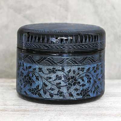 Mango wood decorative box, 'Exotic Flora in Blue' - Round Mango Wood Decorative Box in Blue from Thailand