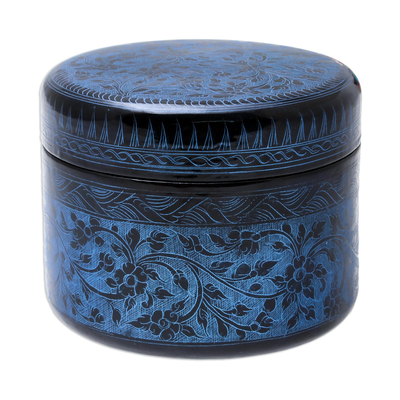 Mango wood decorative box, 'Exotic Flora in Blue' - Round Mango Wood Decorative Box in Blue from Thailand