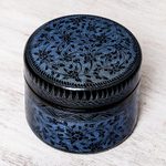 Mango wood decorative box, 'Exotic Flora in Blue' - Round Mango Wood Decorative Box in Blue from Thailand