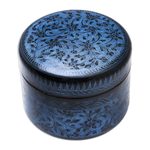 Mango wood decorative box, 'Exotic Flora in Blue' - Round Mango Wood Decorative Box in Blue from Thailand