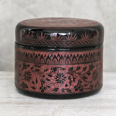 Mango wood decorative box, 'Exotic Flora in Pink' - Round Mango Wood Decorative Box in Pink from Thailand