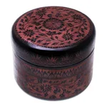Mango wood decorative box, 'Exotic Flora in Pink' - Round Mango Wood Decorative Box in Pink from Thailand