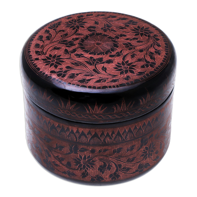 Mango wood decorative box, 'Exotic Flora in Pink' - Round Mango Wood Decorative Box in Pink from Thailand