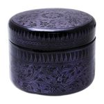 Mango wood decorative box, 'Exotic Flora in Purple' - Round Mango Wood Decorative Box in Purple from Thailand