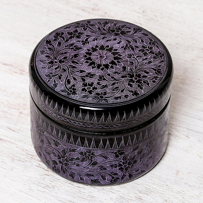 Mango wood decorative box, 'Exotic Flora in Purple' - Round Mango Wood Decorative Box in Purple from Thailand