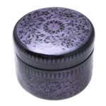 Mango wood decorative box, 'Exotic Flora in Purple' - Round Mango Wood Decorative Box in Purple from Thailand