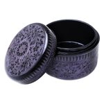 Mango wood decorative box, 'Exotic Flora in Purple' - Round Mango Wood Decorative Box in Purple from Thailand