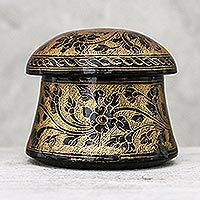 Mango wood decorative box, 'Floral Mushroom in Gold' - Lacquerware Mango Wood Decorative Box in Gold from Thailand