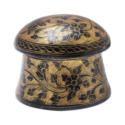 Dekorative Schachtel aus Mangoholz, 'Blumenpilz in Gold'. - Dekorative Schachtel aus Mangoholz in Gold aus Thailand